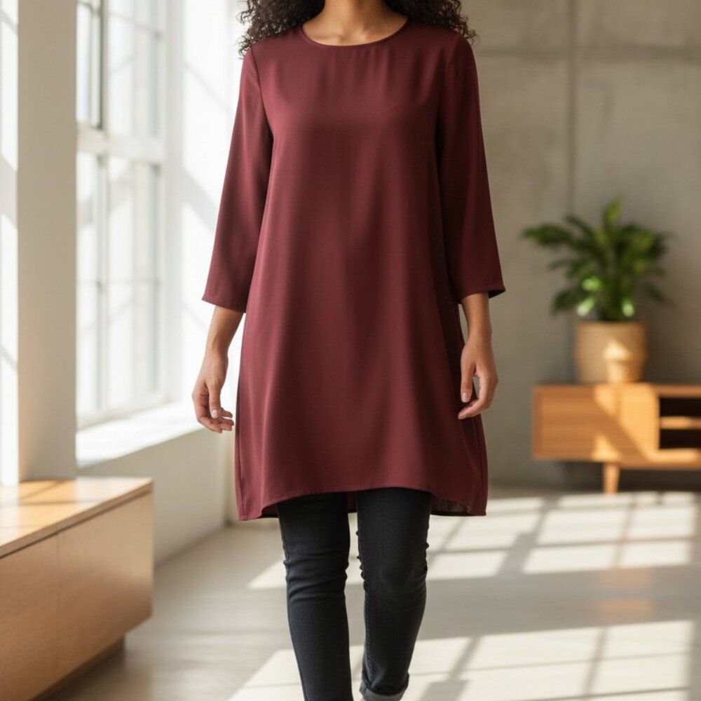 (C-197)Mango Women Burgundy Shift Dress XS‎ Long Sleeve Minimalist Tunic